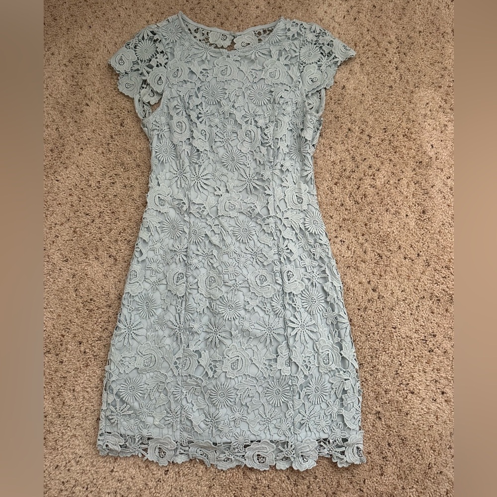 Lulu’s Romance Language Light Blue Backless Lace Dress